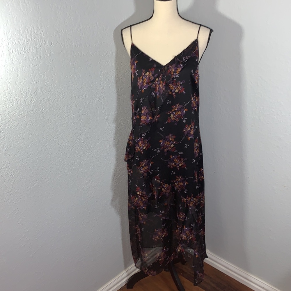 1.STATE Black Wildflower Ruffle Midi Dress Sleeveless V Neck Lined Size Medium - Picture 2 of 15